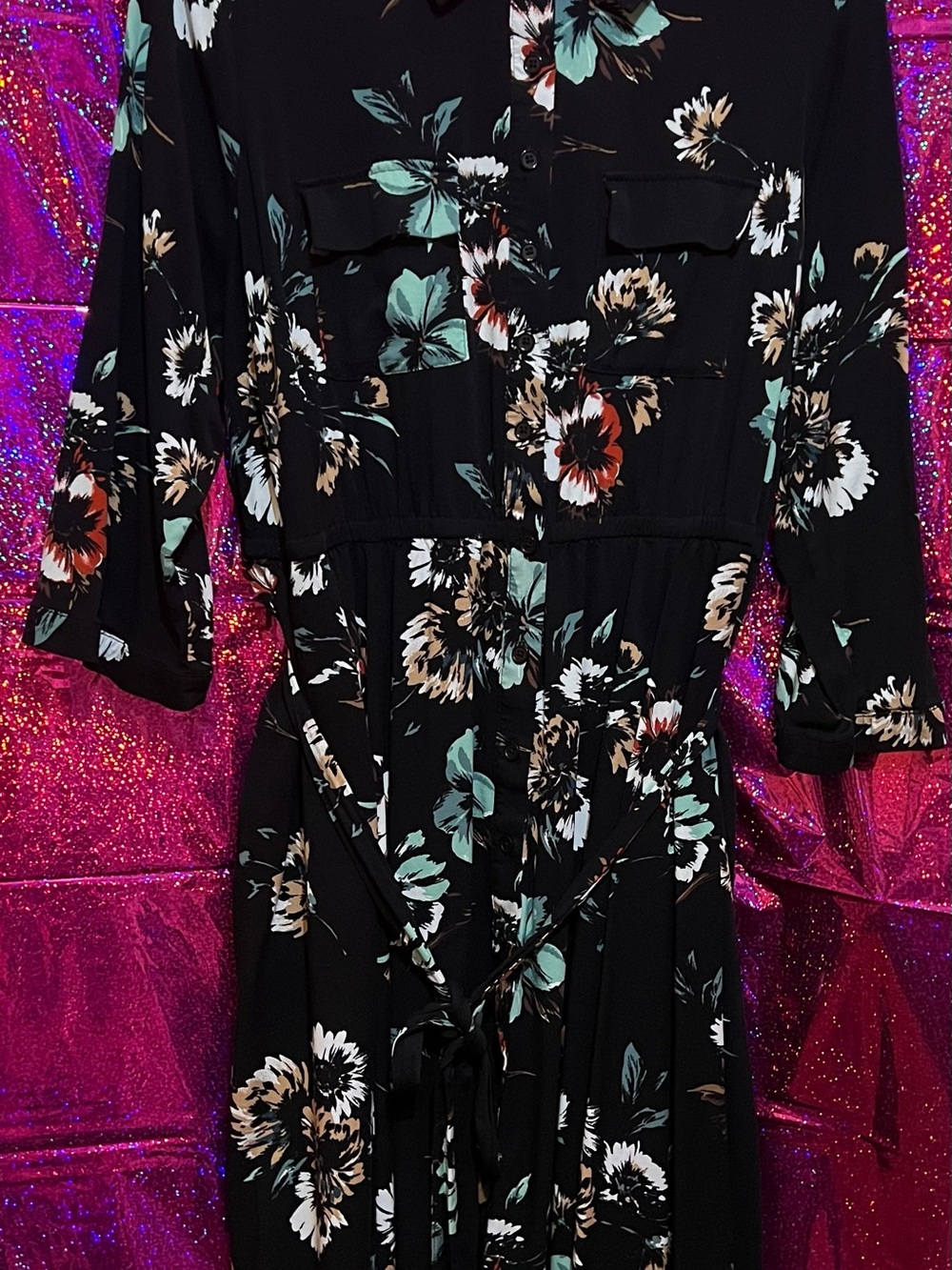 torrid Black Floral Button-Front Midi Dress with Sage and Cream Accents
